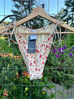 Parke Cream Floral Bikini bottom with Red and Green Accents Flowers. NWT XL